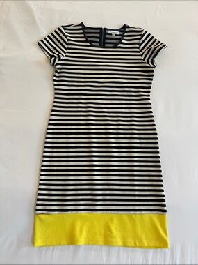 DownEast Black & White Striped Midi Dress with Yellow Hem